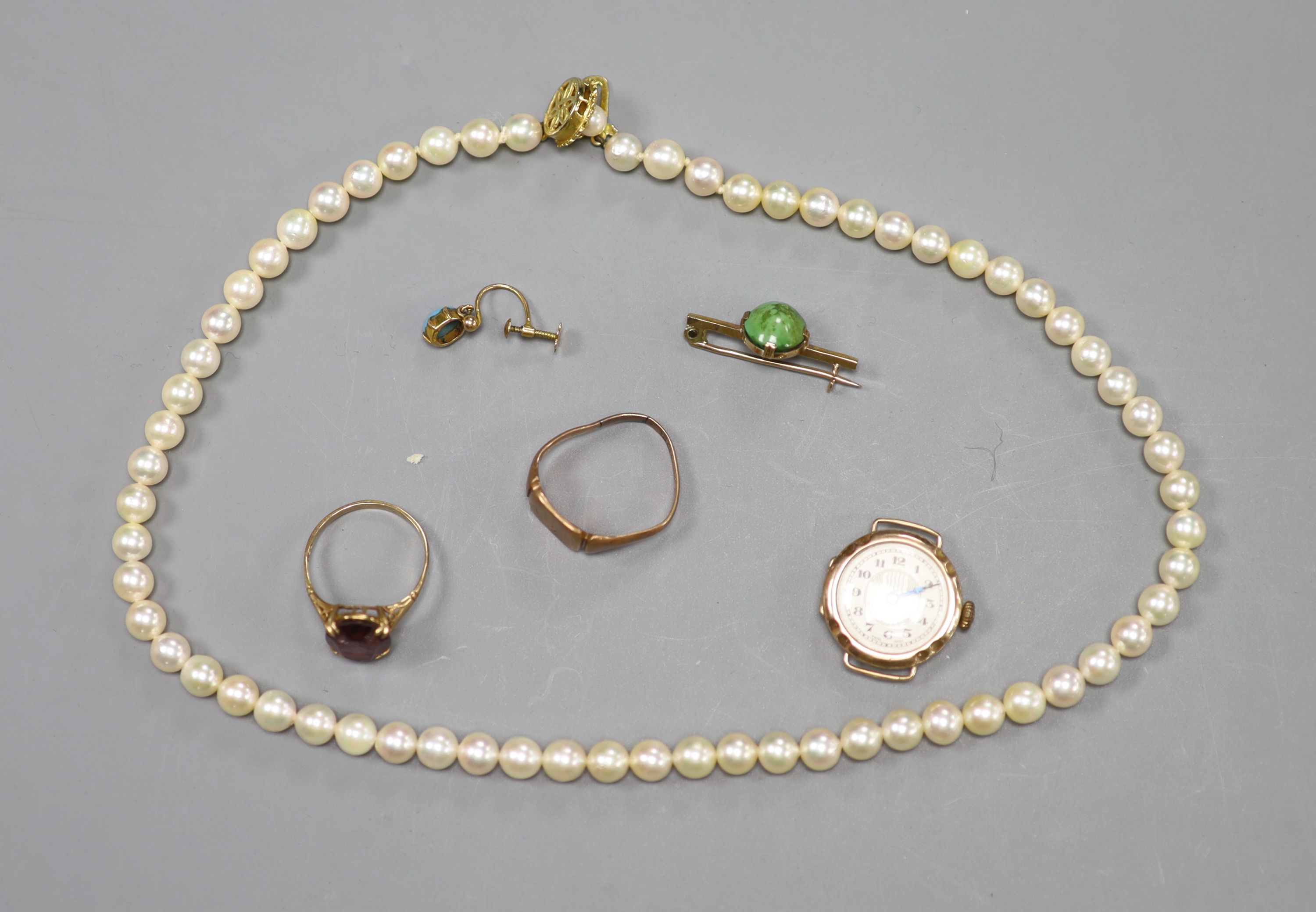 A single row cultured pearl necklace with 9ct gold pearl-set flowerhead clasp and five other items
